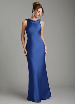 Azazie Aussie Bridesmaid Dresses Royal Blue Sheath Pleated Stretch Satin Dress image1