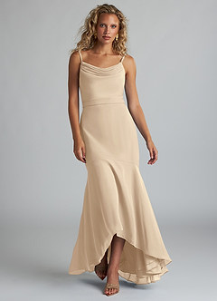 Azazie Summer Bridesmaid Dresses Champagne Mermaid Scoop Cowl Chiffon Dress image4