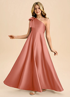 Azazie Penguin Junior Salmon Pink A-Line Bow Stretch Satin Dress image1