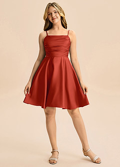 Azazie Miko Junior Rust A-Line Pleated Stretch Satin Dress image5
