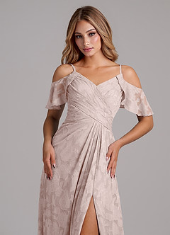 Azazie Dakota Bridesmaid Dresses Blushing Pink A-Line Off the Shoulder Floral Burnout Dress image3