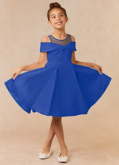 Azazie Shirin Robe Demoiselle D'honneur Fillette Robe Trapèze en Mat Satiné Épaule décolletée Bleu Roi image1