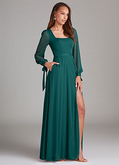 Azazie Leonia Bridesmaid Dresses Peacock A-Line Long Sleeve Mesh Dress image3