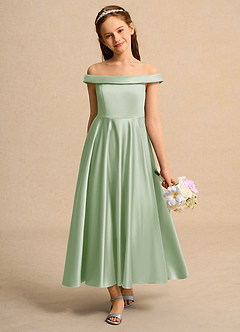 Azazie Teeny Junior Formal Jurken voor bloemenmeisjes A-Lijn Jurk van Mat Satijn Geplooid Stoffige Salie image3