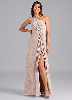 Azazie Brooke Bridesmaid Dresses Blushing Pink A-Line One Shoulder Floral Burnout Dress image3