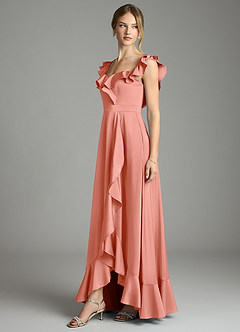 Azazie Lyra Bridesmaid Dresses Coral A-Line Off the Shoulder Stretch Satin Convertible Dress image4