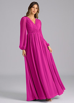 Azazie Palerma Jurken voor bruidsmeisjes Jurk van Chiffon met A-Lijn Lange mouw Fuchsia image4