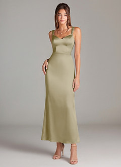 Azazie Denice Bridesmaid Dresses Moss Green Sheath Pleated Stretch Satin Dress image3