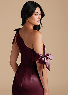Azazie Xyla Bridesmaid Dresses Cabernet Sheath Off the Shoulder Metallic Satin Convertible Dress image3