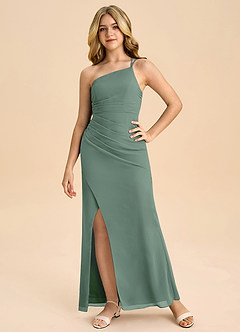 Azazie Eren Junior Vestido Eucalipto de Chiffon de Linha A com Plissado image2