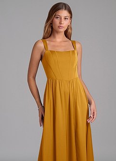 Azazie Rosaline Bridesmaid Dresses Butterscotch A-Line Side Slit Stretch Satin Dress image6