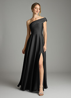 Azazie Melanie Bridesmaid Dresses Black A-Line Off the Shoulder Stretch Satin Dress image3