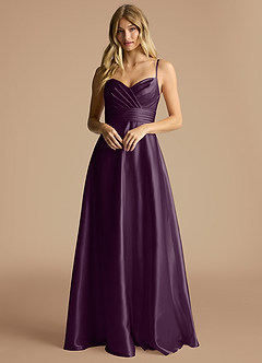 Azazie Oliana Bridesmaid Dresses Plum A-Line Sweetheart Neckline Metallic Satin Dress image1