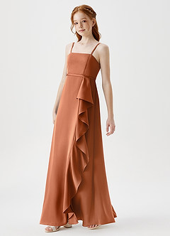 Azazie Kaylee Junior Copper A-Line with Belt Stretch Satin Dress image4
