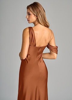 Azazie Celina Bridesmaid Dresses Copper Sheath Off the Shoulder Stretch Satin Dress image8