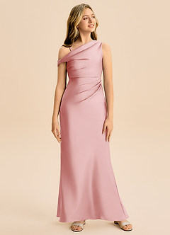 Azazie Emerson Junior Powder Pink Sheath Off the Shoulder Stretch Satin Dress image3