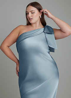 Azazie Yuanna Jurken voor bruidsmeisjes Jurk van Stretch Satijn met Zeemeermin One-shoulder Stoffig Blauw image10