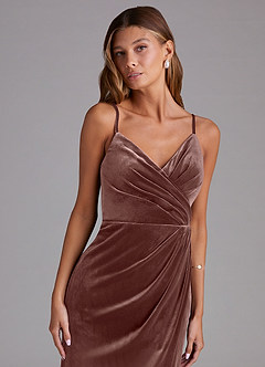 Azazie Maci Bridesmaid Dresses Espresso Sheath Pleated Velvet Dress image6