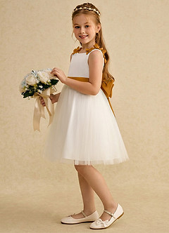 Azazie Lona Abiti da Ragazza di Fiori Abito A-Line in Raso Opaco Fiocco Avorio Caramello image4