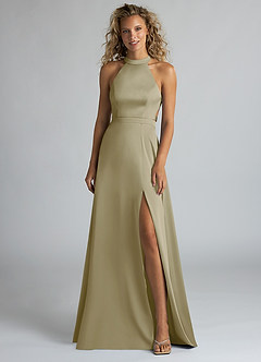 Azazie Clarice Bridesmaid Dresses Moss Green A-Line High Neck Stretch Satin Dress image4