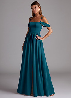 Azazie Calianna Robes de demoiselle d'honneur Robe Trapèze Convertible en Satin extensible Épaule décolletée Bleu Encre image3