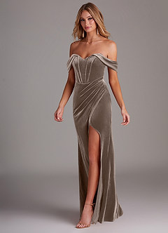 Azazie Jas Bridesmaid Dresses Silver Taupe Sheath Off-The-Shoulder Corset Velvet Convertible Dress image3