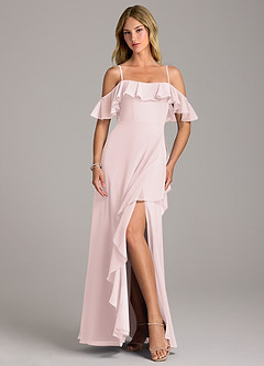 Azazie Aubrie Bridesmaid Dresses Blushing Pink A-Line Off the Shoulder Chiffon Dress image4