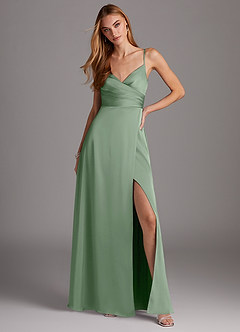 Azazie Calissa Bridesmaid Dresses Matcha A-Line V-Neck Pleated Stretch Satin Dress image3