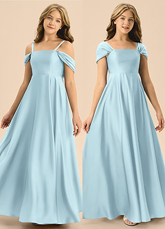 Azazie Rowena Junior A라인 절하다 스트레치 새틴 플로어 길이 주니어 신부 들러리 드레스 image1