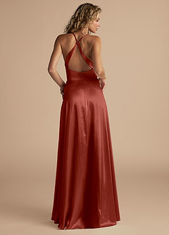 Azazie Davis Bridesmaid Dresses Terracotta A-Line Pleated Metallic Satin Dress image3
