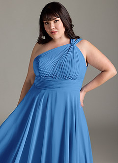 Azazie Charlize Bridesmaid Dresses Blue Jay A-Line One Shoulder Chiffon Dress image12