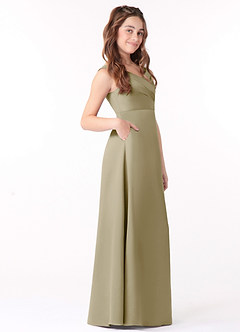 Azazie Sadia Junior Moss Green A-Line Pleated Stretch Satin Dress image2