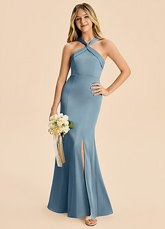 Azazie Rue Junior Dusty Blue Mermaid Pleated Stretch Satin Dress image1