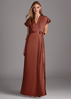 Azazie Nico Robes de demoiselle d'honneur Robe Trapèze en Satin extensible Col en V Auburn image1