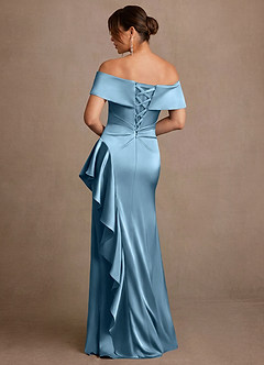 Azazie Kirsty Mother of the Bride Dresses Steel Blue Sheath Off the Shoulder Stretch Satin Dress image2