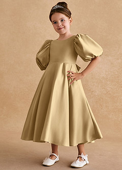 Azazie Sugarplum Flower Girl Dresses Gold A-Line with Sleeves Matte Satin Dress image4