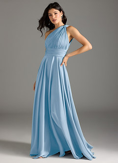 Azazie Charlize Abiti da Damigella Abito A-Line in Raso Elasticizzato Monospalla Azzurro Polvere image4