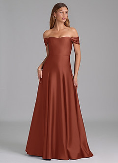 Azazie Seriana Bridesmaid Dresses Auburn A-Line Off the Shoulder Stretch Satin Convertible Dress image1