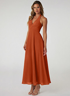 Azazie Tessie Jurken voor bruidsmeisjes Jurk van Chiffon met A-Lijn Geplooid Verbrande Sinaasappel image3