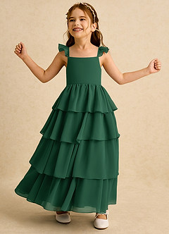 Azazie Boba vestidos de niña de las flores Vestido de Verde Oscuro de Gasa de Corte En A con Escote Cuadrado image3