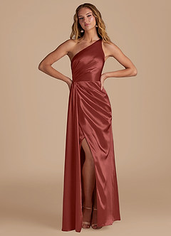 Azazie Mika Bridesmaid Dresses Terracotta Sheath One Shoulder Metallic Satin Dress image3
