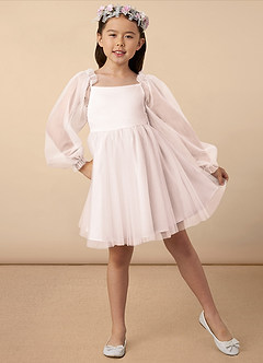 Azazie Aya Robe Demoiselle D'honneur Fillette Robe Trapèze en Tulle avec manches Rose Pétale image1