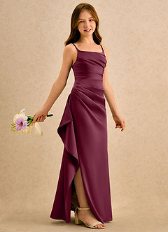 Azazie Cannoli Girls Formal Blumenmädchenkleider A-Linie Plissee Stretch-Satin Kleid Maulbeerrot image1