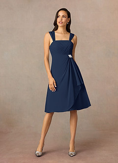 Azazie Olivia At-home Try On Dresses Dark Navy A-Line Square Neckline Pleated Chiffon Dress image3