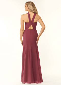 Azazie Rue Vestidos de damas de honor Vestido de Merlot de Gasa de Corte en A con Halter image2