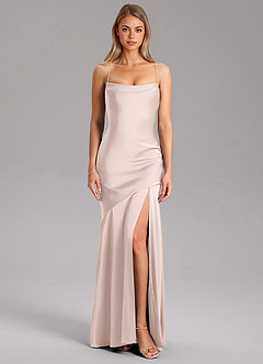 Azazie Grata Bridesmaid Dresses Blushing Pink Sheath Side Slit Stretch Satin Dress image3