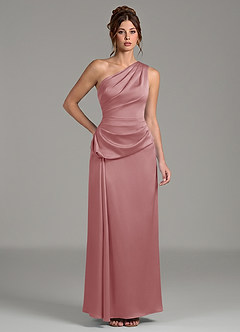 Azazie Zahira Robes de demoiselle d'honneur Robe Fourreau en Satin extensible Une épaule Rose Poussiéreuse image1