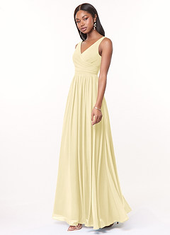 Azazie Keyla Bridesmaid Dresses Lemon Sorbet A-Line V-Neck Pleated Chiffon Dress image2