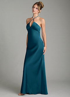 Azazie Camille Bridesmaid Dresses Ink Blue Sheath Side Slit Stretch Satin Dress image4