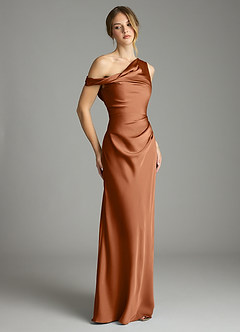 Azazie Emerson Bridesmaid Dresses Copper Mermaid Off the Shoulder Stretch Satin Dress image5